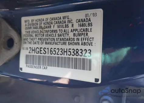 2003 Honda Civic Lx из США, поврежденный, VIN 2HGES16523H538323